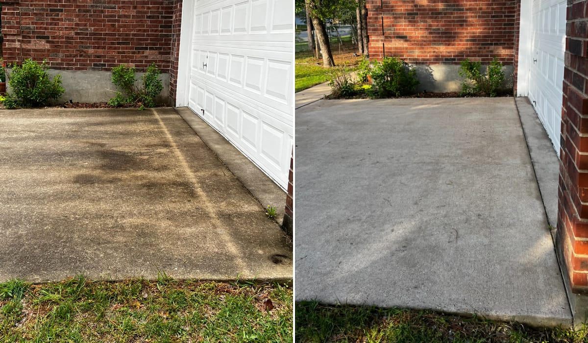 Before and after pressure washing a driveway apron in Central Texas