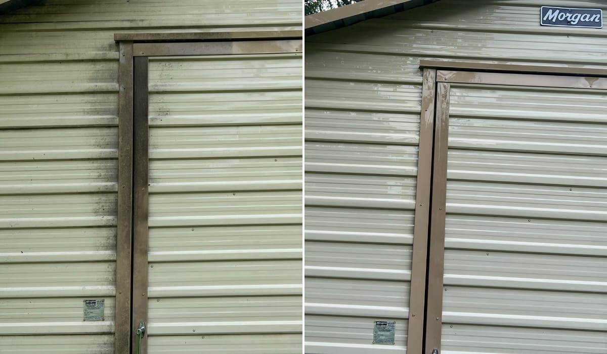 Before and after pressure washing a concrete driveway in Central Texas — job 1