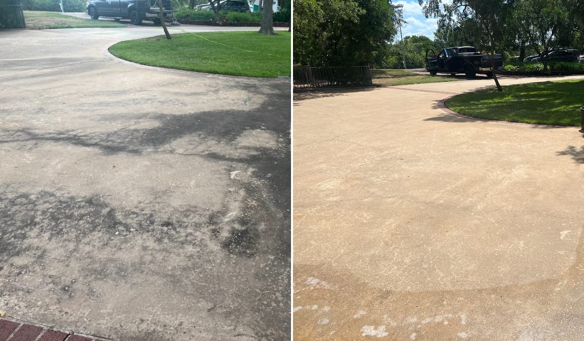 Before and after pressure washing a concrete driveway in Central Texas — job 19